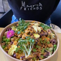 Cold bowl with vegan „chicken“ stripes at Bistro Maha in Ljubljana