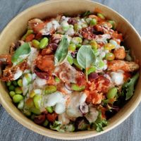 Dry tomatoes and soy-chicken bowl at Bistro Maha in Ljubljana