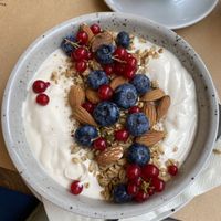 Soy yoghurt bowl with granola and fruits  at Bistro Maha in Ljubljana