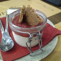 Cream with rhubarb and tonka crumble at Bistro Maha in Ljubljana