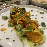 Corgette, pistachio and sweet potato hot appetizer  at Bistro Maha in Ljubljana