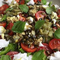 salat with pumpkin seed oil and vegan feta at Bistro Maha in Ljubljana