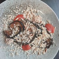 Aubergine with vegan cottage cheese, jam and horseradish at Bistro Maha in Ljubljana