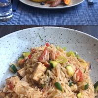 chickpea burger and fried rice at Bistro Maha in Ljubljana
