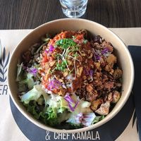 Cold bowl with Salad, Tofu and vegan ham, Soja Bolognese and vegetables at Bistro Maha in Ljubljana