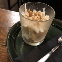Dessert with banana, salted caramel  at LYR Speciality Coffee and Food in Pecs