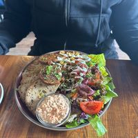 Scramble tofu with salad and sausage  at LYR Speciality Coffee and Food in Pecs