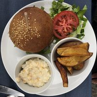 ’Over the top’ burger with sweet corn salad at LYR Speciality Coffee and Food in Pecs