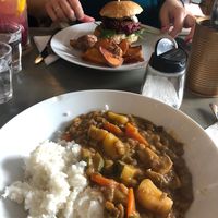 Beetroot patty burger and lentil curry  at LYR Speciality Coffee and Food in Pecs