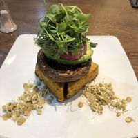 ‘The Stack’ - chickpea frittata with mushroom, beetroot hummus, slaw and spouted lentils at Vinnie's Eatery in Cheltenham