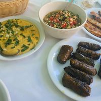 Fava bean dip, tabouleh, pitta, stuffed vine leaves   at Talos Restaurant in Crete