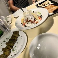Cretan salad, feta saganaki and dolmadakia  at Talos Restaurant in Crete