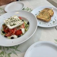 Greek salad and garlic bread  at Talos Restaurant in Crete