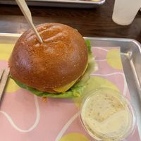 Burger with aubergines and chickpea patty  at The Vurger Co - Richmix Square in East London
