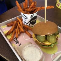 Gf burger and sweet potato fries   at The Vurger Co - Richmix Square in East London