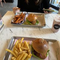 honey chicken vurgers - skin on fries and sweet potatoe fries  at The Vurger Co - Richmix Square in East London