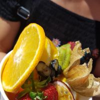 'Bird of Paradise' sundae, delicious creamy sorbet/ vegan ice cream topped with fresh fruit. Perfect on a hot day. at Pom Kitchen - Sharrow in Sheffield
