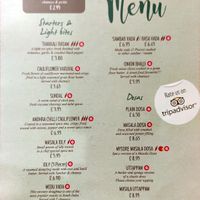 This is the first page of a two page section in the menu. Some are repeats of items on the main menu which has lots of vegetarian options and usually states if there is dairy. at Maveli Restaurant and Bar in Sheffield