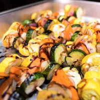 Grilled veggie skewers with balsamic drizzle and a herb aioli. at Beverly on Main in Scottsdale