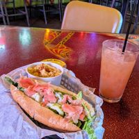 The Flipper's Style vegan dog with vegan potato salad. at Flippers Tavern in Lubbock