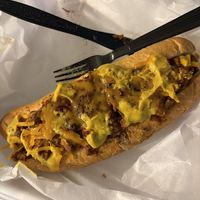 Vegan Furter with vegan chili, vegan cheddar and yellow mustard   at Flippers Tavern in Lubbock