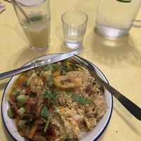 Bol chaud with curry, rice, plantains, veggie protein and a salad. Highly recommended   at Jah Jah in Paris