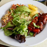 Assiette du jour (tempeh skewers + boiled plantains + attieke) at Jah Jah in Paris