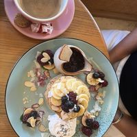 Pancake stack with fresh berries. at Beach Bowl in Legian