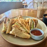 Pumpkin bread, vegan egg and vegan chicken with salad and chips.  at Beach Bowl in Legian