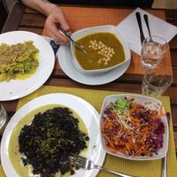 Lentil soup, small salad, carbonara of the week and black rice risotto at Silene BIO Bottega & Cucina in Vicenza