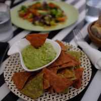 Peach guacamole with corn chips  at El Enano Verde in Torremolinos