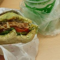 Plant based burger and melon soda. at Mos Burger in Tokyo