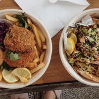 Fake fish and chips plus tacos with oyster mushrooms at Bar Pacyfik in Warsaw