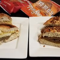 Sausage and egg on everything bagel and roast beef with cheese at The District at Mills 50 in Orlando