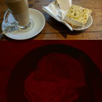 ";cheese"; and tomato toastie and cashew cheesecake. great vegan options! at Ground Up in Bury