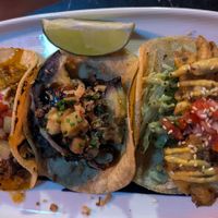 Pastor king mushroom, Miso eggplant, and Mushroom fish tacos $8.00 each at Bad Hombres in Darlinghurst