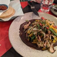 “Alambre” Mexican Style Stir Fry Oyster Mushrooms w/ Capsicums, Onion, Coriander & Black Bean Puree (served w/ Corn Tortillas) at Bad Hombres in Darlinghurst