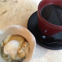 Maya Nut coffee type hot drink. Pudding mini dessert.  at Sarasya Shinsen Chaen in Tokyo