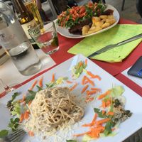 Spaghetti with truffle sauce, Chianti seitan dish. at Nirvana in Florence