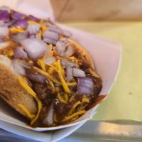 My chili cheeze hot dog. I love raw onions, ketchup and mustard, and vegan cheeze and vegan chili on mine. at Earle's on Crenshaw in Los Angeles