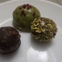 Pistachio, cherry rafaello and matcha raspberry balls at Fruit Box in Ohrid
