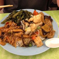 mixed rice plate at Liew Chai Vegetarian in Kota Kinabalu