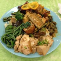 mixed rice plate including laksa, tofu & veg dishes at Liew Chai Vegetarian in Kota Kinabalu