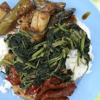 Economy rice: white rice with eggplant, mock meat and greens.  at Liew Chai Vegetarian in Kota Kinabalu