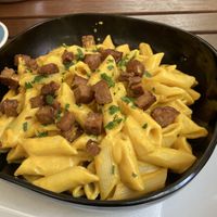 Mac and cheeze with tempeh bits  at Natureza in Prague