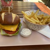 vegan burger with fries and vegan mayo  at Natureza in Prague