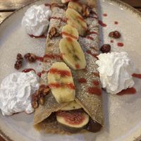 Delicious spelt pancake! Tasted like it might be vegan Nutella in there. So good   at Natureza in Prague