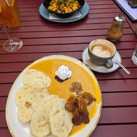 Czech dish, coffee and Mac and Cheese at Natureza in Prague