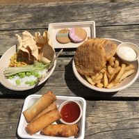 Springs rolls, fries and 2 potato cakes & the rice curry edamame! And 2 ginger cookie free for Valentine’s day 😍  at Bonorong Wildlife Sanctuary Kiosk and Shop in Brighton