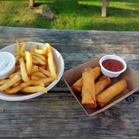 Chips with aioli, and spring rolls with sweet chilli sauce at Bonorong Wildlife Sanctuary Kiosk and Shop in Brighton